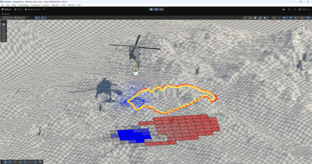 01 A basic depiction of a Bambi Bucket-equipped S-70 helicopter dropping water or retardant upon a wildfire. The aircraft, landscape, flight model, and other visuals are all easily changed – the crucial element is how the fire is modeled.