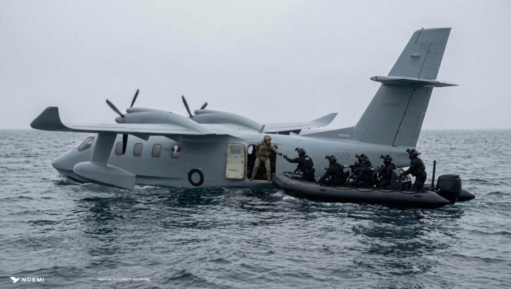 NOEMI Aerospace aircraft on water next to a boat of passengers.