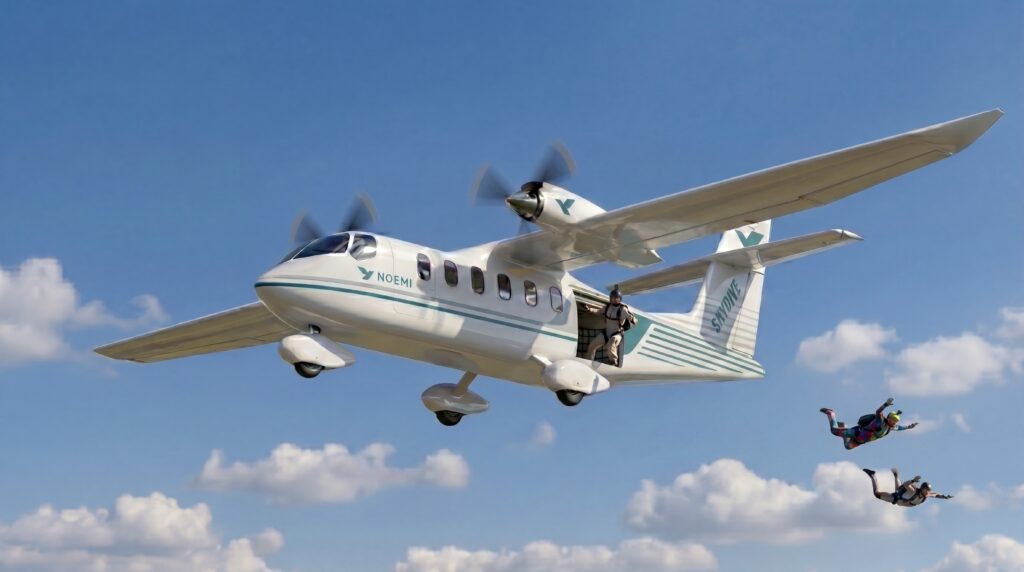 NOEMI Aerospace aircraft in flight with skydivers jumping out of it