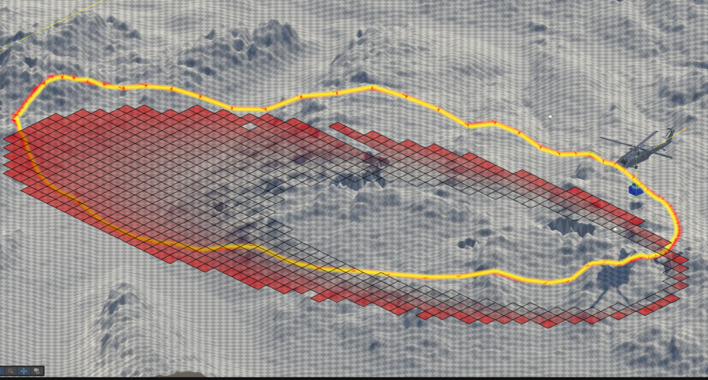 The team has developed mathematics that enable fires to be modeled and displayed in various modes and significant detail. Here the ground and vertical extent of a fire are shown, with a helicopter approaching for a retardant drop. The fire’s characteristics change as the helicopter and retardant interact with it, and vice versa.