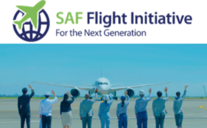 Various members of the ANA staff waving at an aircraft. The text above them reads "SAF Flight Initiative."