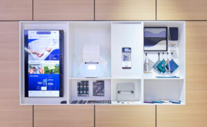 Boeing's sustainability wall at AIX 2026, featuring a variety of different products that are either part of its catalog or in the process of becoming linefit offerable.