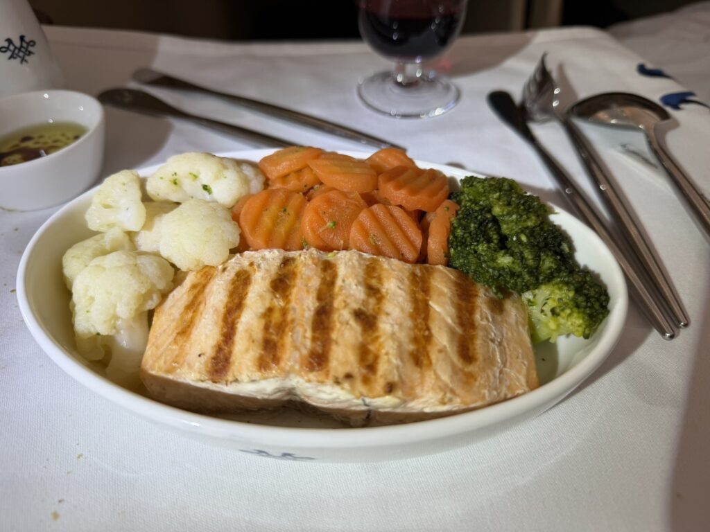 Salmon dish served to the passenger in flight.