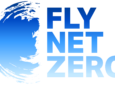 FLY NET ZERO logo in blue on white background