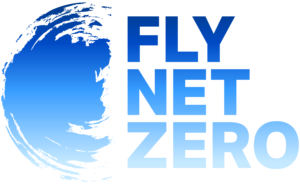 FLY NET ZERO logo in blue on white background