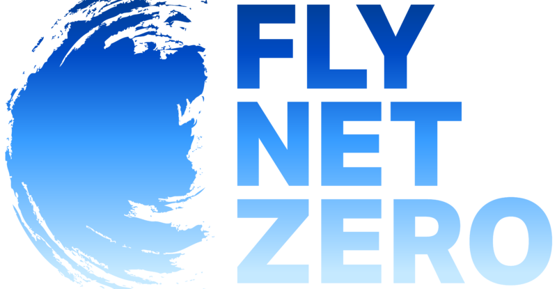 FLY NET ZERO logo in blue on white background
