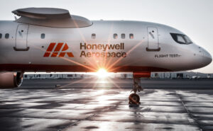 Honeywell Aerospace testbed aircraft at sunset.