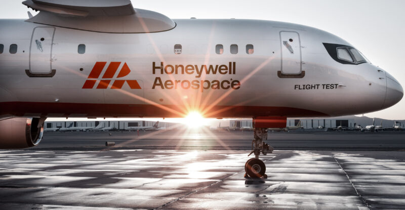 Honeywell Aerospace testbed aircraft at sunset.