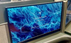 Massive IFE screen in the VantageNOVA First product, as seen on the Thompson Aero Seating stand at AIX