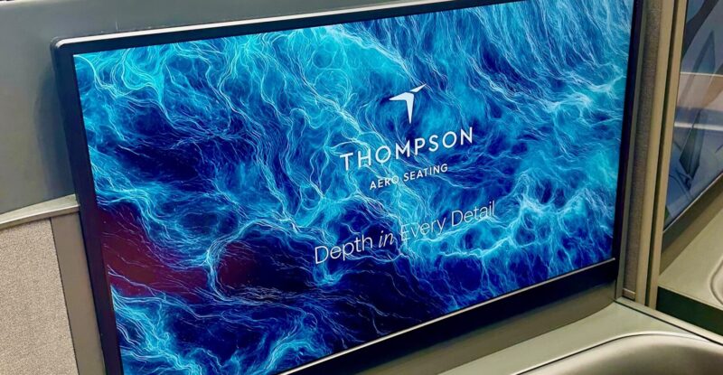 Massive IFE screen in the VantageNOVA First product, as seen on the Thompson Aero Seating stand at AIX