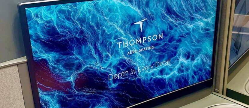 Massive IFE screen in the VantageNOVA First product, as seen on the Thompson Aero Seating stand at AIX