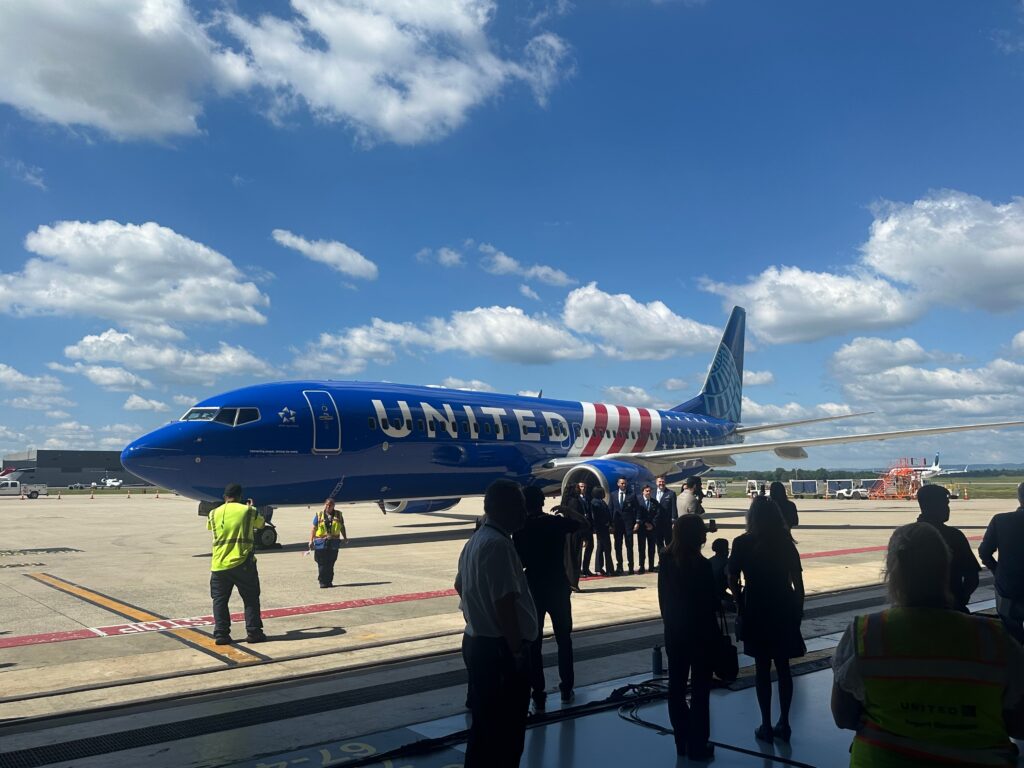 Another image of the jet, resplendent in the new Stars and Stripes livery.