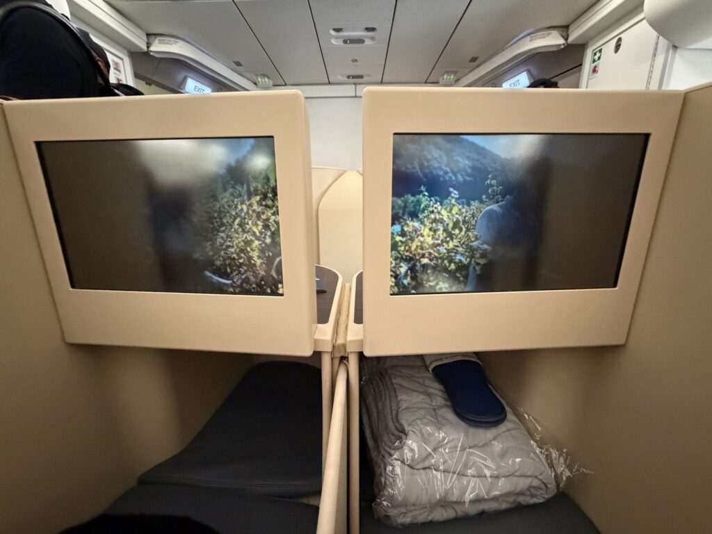 Two IFE screens side-by-side in the business class cabin, in front of a center pair of seats.