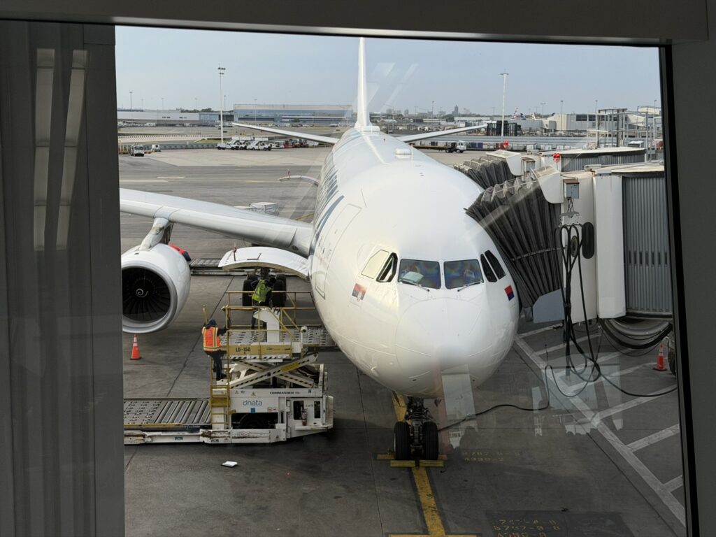 The Air Serbia A330 is parked and ready to board
