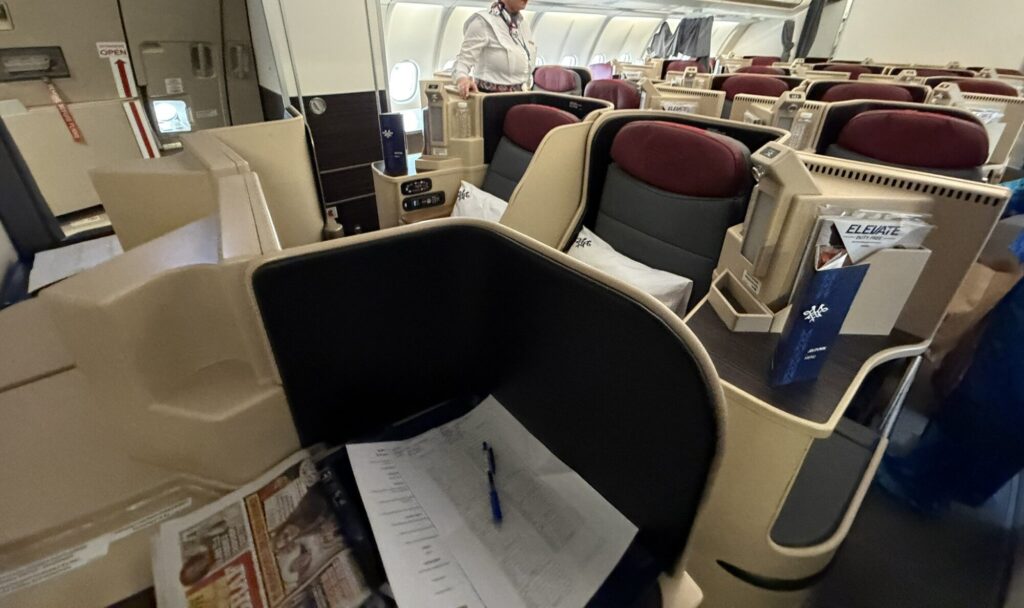 Cabin wide shot in business class on the Air Serbia A330
