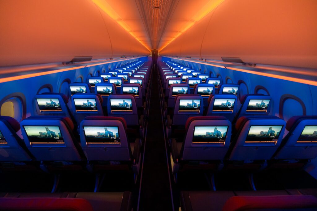 Panasonic Avionics Astrova IFE is seen on the seatback of every seat in economy class aboard the Saudia A321XLR