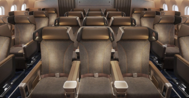 China Airlines 787 passenger aircraft features 28 seats in Premium Economy Class in a 2-3-2 seating configuration.