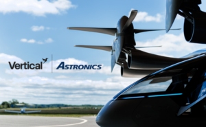 Vertical Aerospace eVTOL with their logo and Astronics' logo beside it.