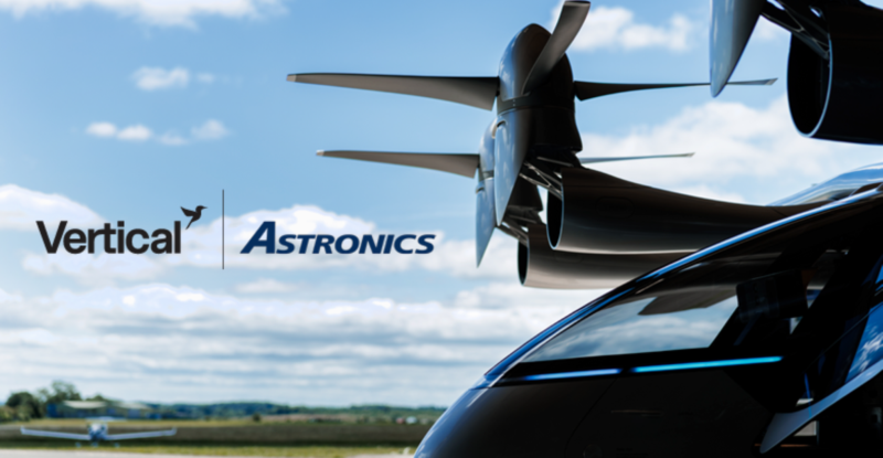 Vertical Aerospace eVTOL with their logo and Astronics' logo beside it.