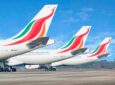 SriLankan Airlines aircraft tails parked in a row.