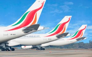 SriLankan Airlines aircraft tails parked in a row.