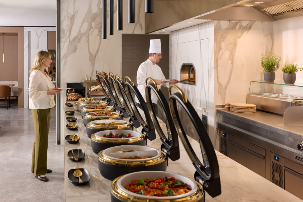 A buffet dining area in the Emirates Lounge