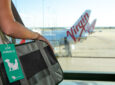A passenger with a pet in a tagged carrier is looking at a Virgin Australia aircraft at the gate.