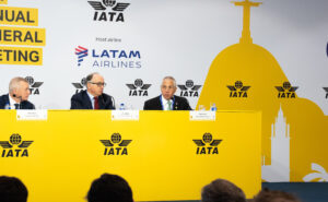 Willie Walsh, Luis Gallego and Roberto Alvo speaking at the 82nd AGM.