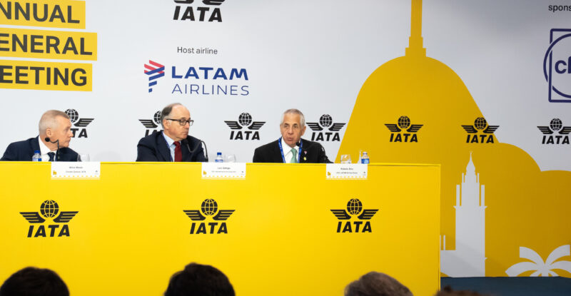 Willie Walsh, Luis Gallego and Roberto Alvo speaking at the 82nd AGM.