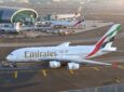 Emirates A380 aircraft at the airport.