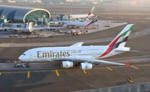 Emirates A380 aircraft at the airport.