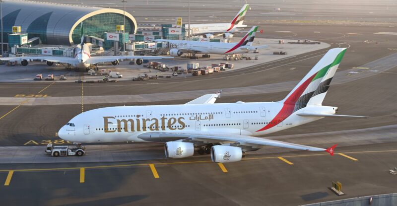 Emirates A380 aircraft at the airport.