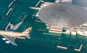 An Etihad aircraft in flight over Abu Dhabi