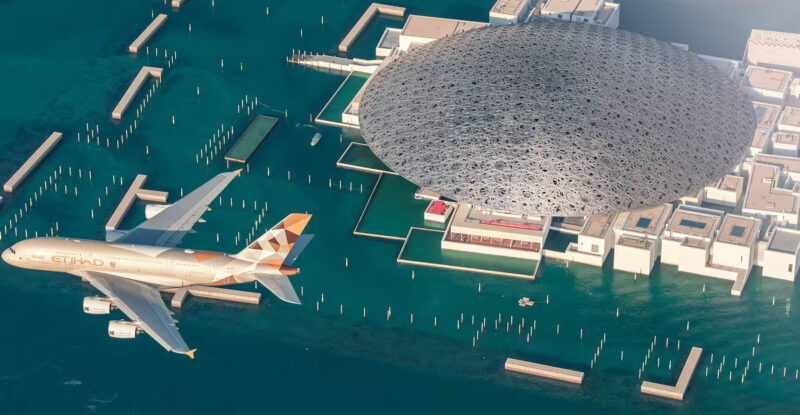 An Etihad aircraft in flight over Abu Dhabi
