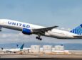 United Airlines Boeing 777-200 taking off with newly installed Starlink.