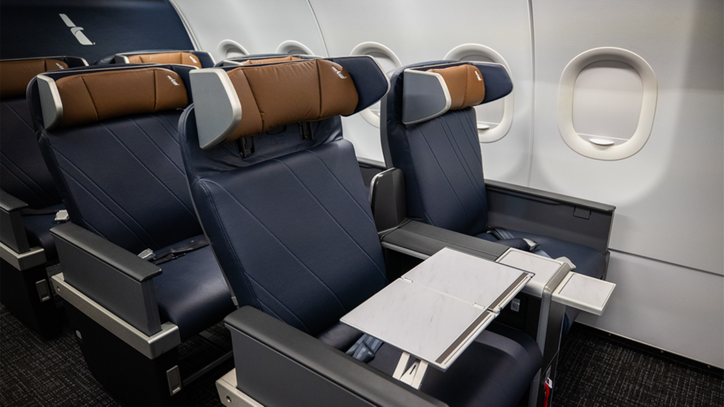 The Airbus A319 and A320 retrofitted aircraft feature more premium seating with privacy wings, additional storage and two beverage trays.