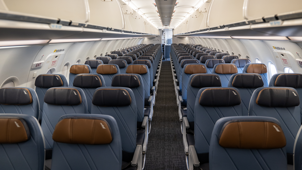 Rows of seats on the A320 family aircraft that has been retrofitted with American Airlines' new interiors
