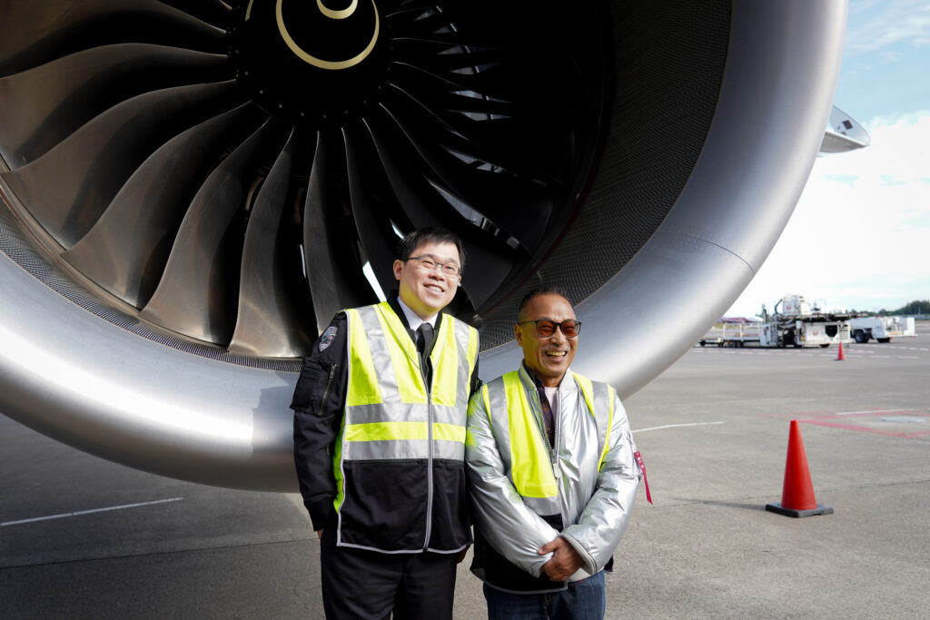 STARLUX Chairman K.W. Chang and Hajime Sorayama discussing aircraft design details on site at Narita Airport