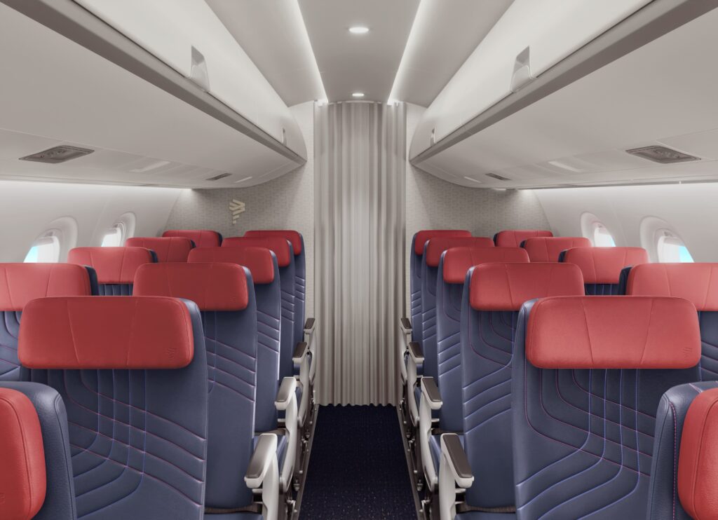 LATAM Embraer E195-E2 Economy class has blue seats and red headrests.