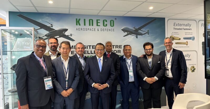 left to right: Sudhi Ranjan Mukherjee (COO, Kineco), Mario Haider (Director Procurement, FACC), Tongyu Xu (CSO, FACC), Andreas Furthmayr (EVP Aerostructures, FACC), Sekhar Sardessai (CMD Kineco), Vivek Srivastava (Group CEO Kineco), Avanish Dwivedi (Kineco), Ved Sardessai (Kineco), Thomas Kraus (EVP Procurement FACC)