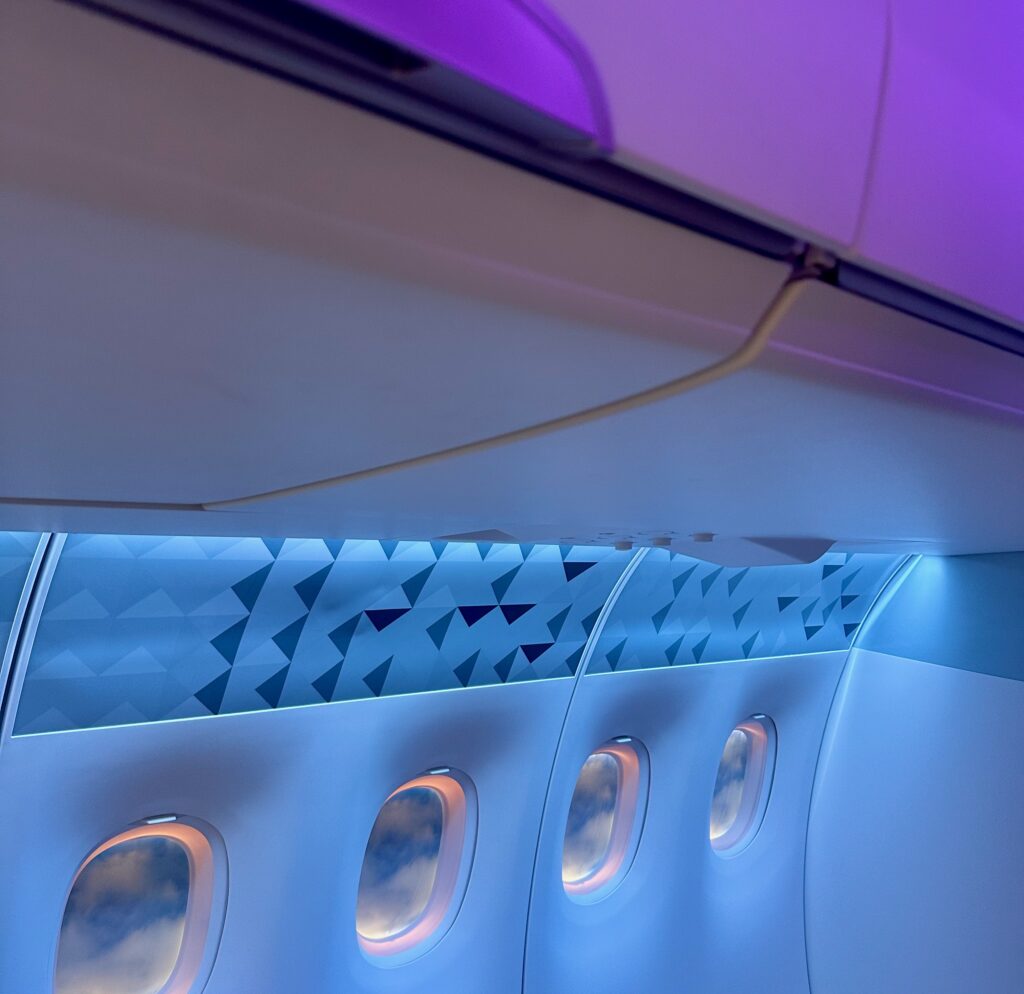 Diehl cabin mockup shows cabin lighting coupled with the firm's eDecor decorative solution.