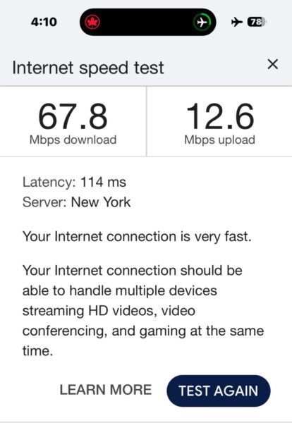 Speed test on the Air Canada E175