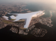 Rendering of JetZero Z4 in Gulf Air livery flying over a city