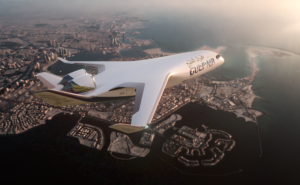 Rendering of JetZero Z4 in Gulf Air livery flying over a city