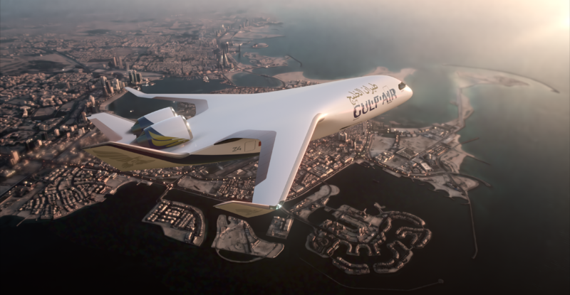 Rendering of JetZero Z4 in Gulf Air livery flying over a city