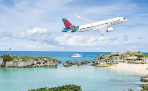 Rendering of BermudAir A220 in flight over the Caribbean