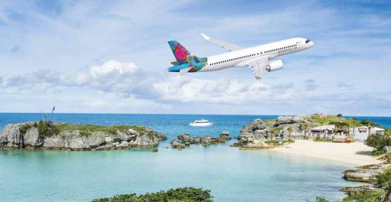 Rendering of BermudAir A220 in flight over the Caribbean