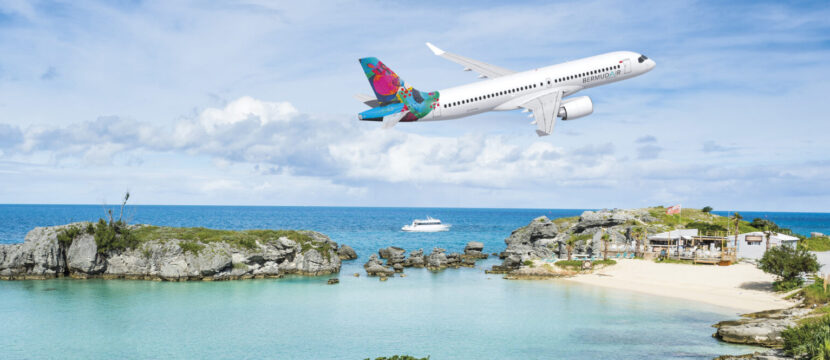 Rendering of BermudAir A220 in flight over the Caribbean
