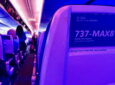 Seat and safety card on a Boeing 737 MAX 8.