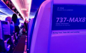 Seat and safety card on a Boeing 737 MAX 8.
